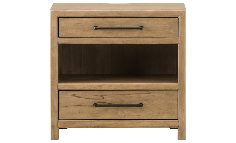 Wooden nightstand with two drawers on a white background